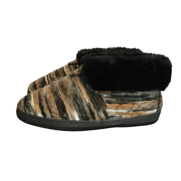 LAMO JUAREZ Sheepskin & Textile Fold Over Bootie Slippers Womens 7 Black/Brown - Picture 6 of 11